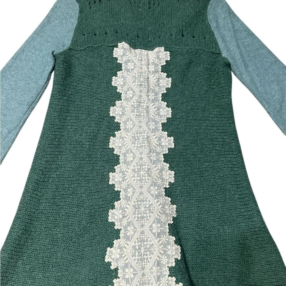 Free People Knit Cardigan Sweater Green Lace Back Button Boho Long Sleeve Small